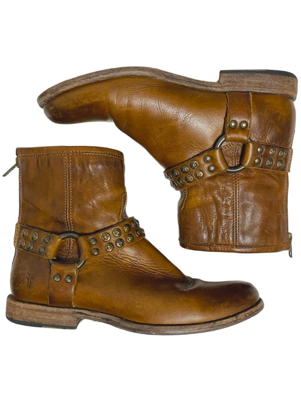 Frye Phillip Studded Harness Short Brown Leather Boots 8.5 - Picture 2 of 10